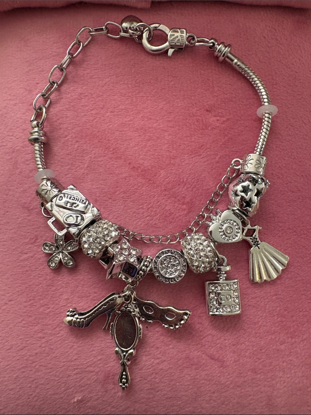 Silver Charm Bracelet with Clear Crystal Accents - Pink
